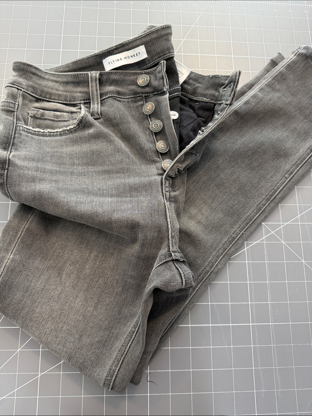 Flying Monkey Vintage Wash Gray Button-Fly Skinny Jeans